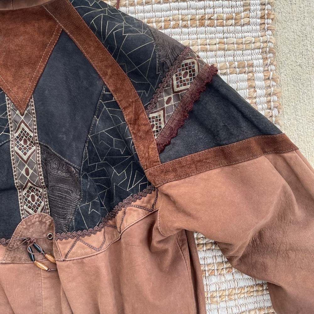 Vintage Winlit Leather Jacket Boho Patchwork Western Distressed Brown 90s - Picture 3 of 14